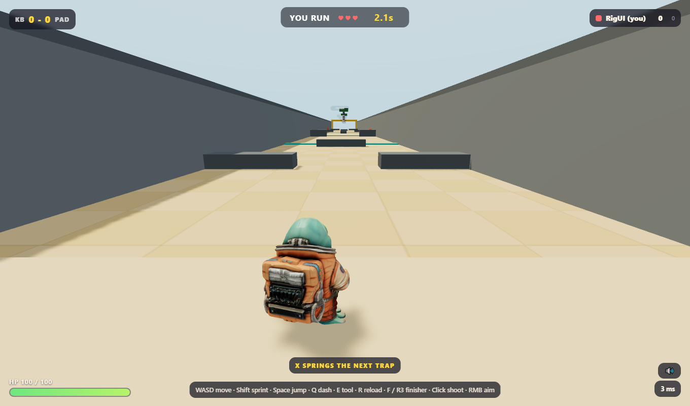 A challenge gauntlet run - a runner sprinting down a trap corridor with a countdown timer