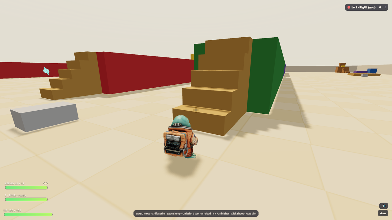 In a multiplayer match - Gleep facing the stairs and color-block walls of Toy Store Takedown